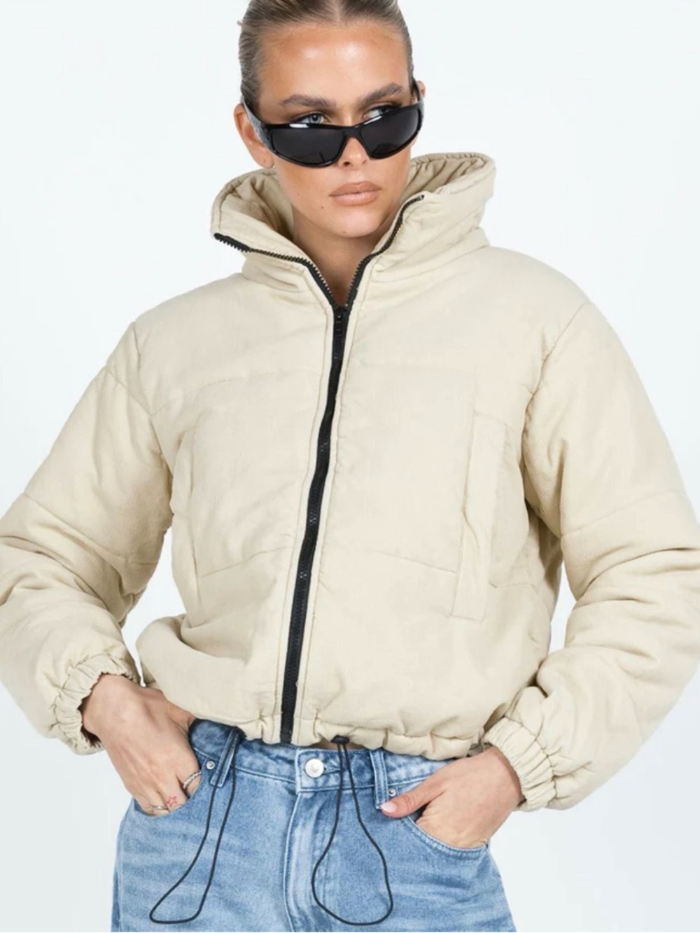 Princess Polly Corduroy Puffer Jacket in Beige Size US 4